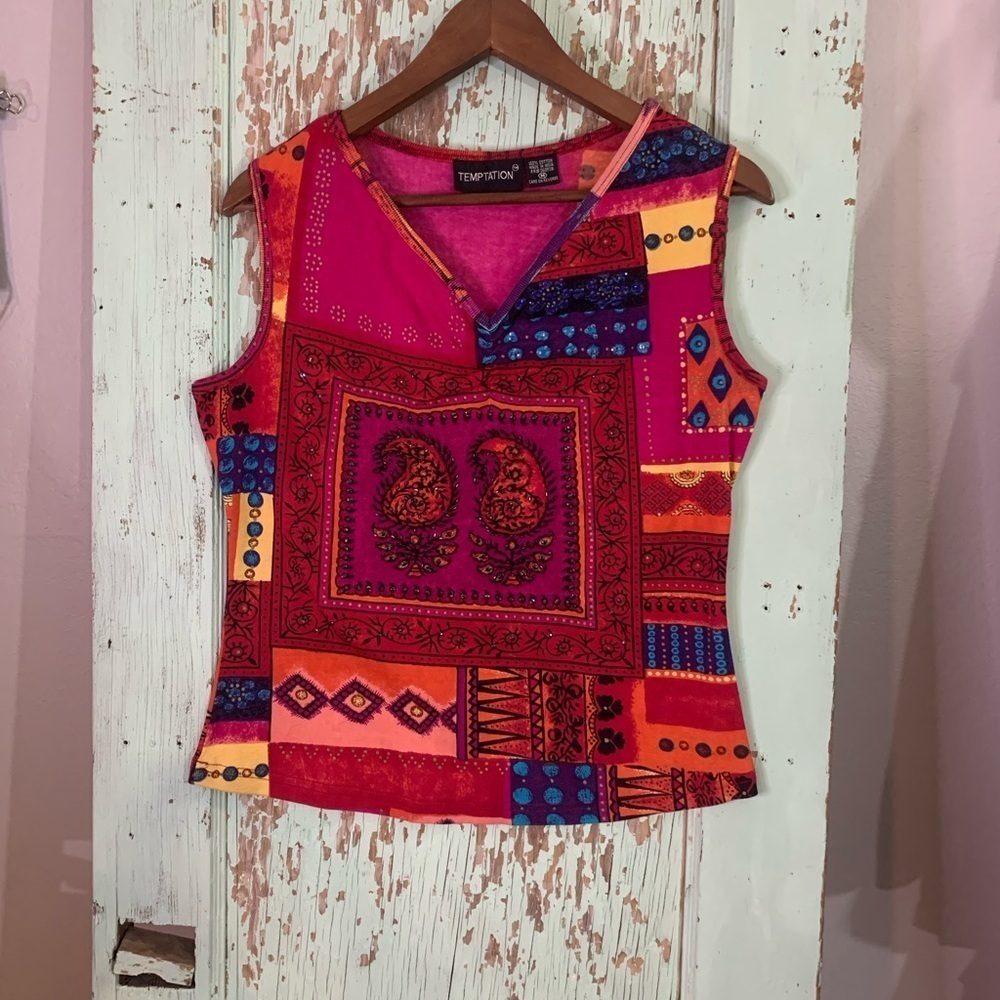 Women’s Temptation size M multicolor patchwork tank top Preloved good condition